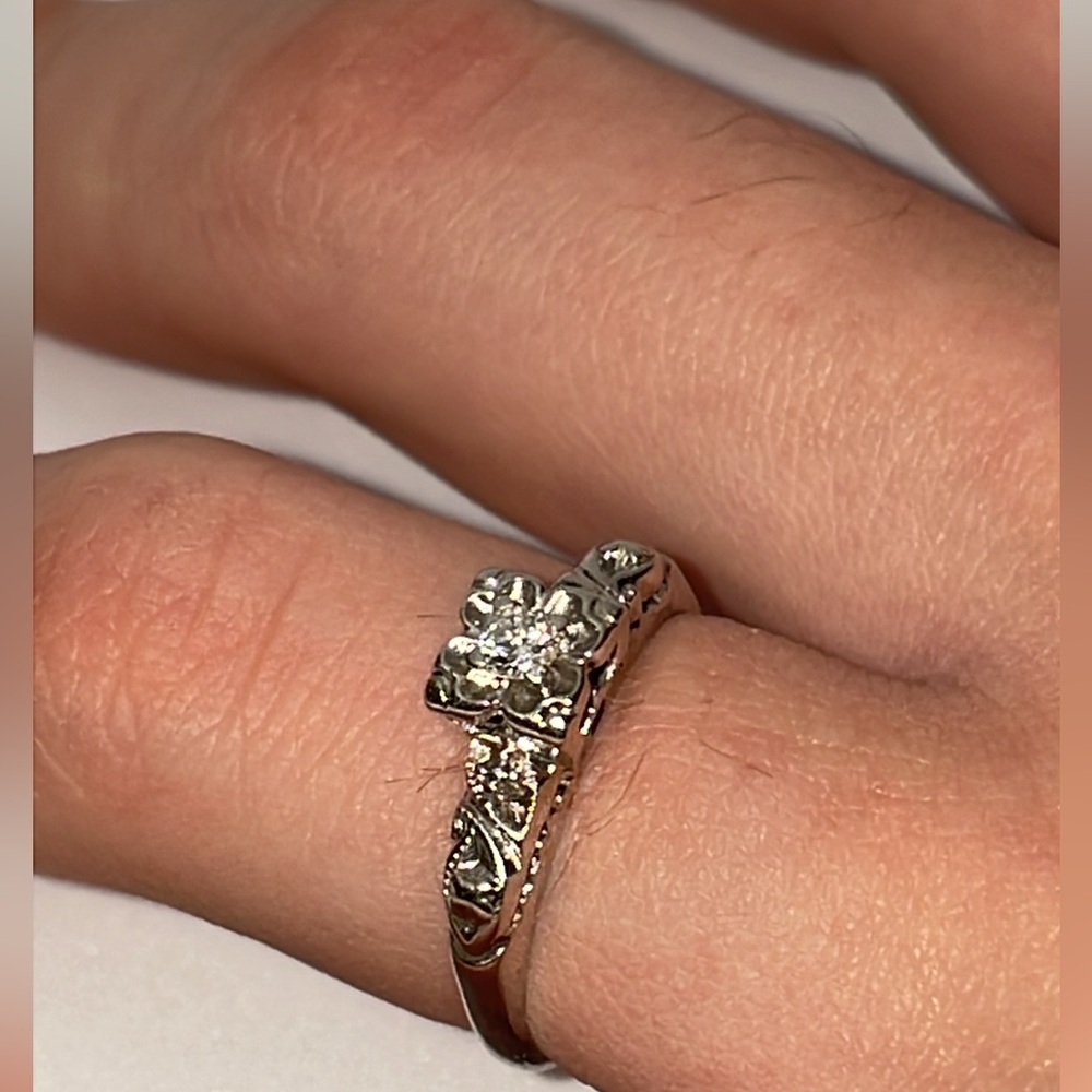 Antique Solid 14K White Gold Natural Diamond Engagement Wedding Ring